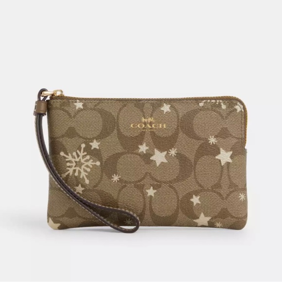 NWT Coach Corner Zip Wristlet In Signature Khaki Canvas w/Star & Snowflake Print - Picture 1 of 6